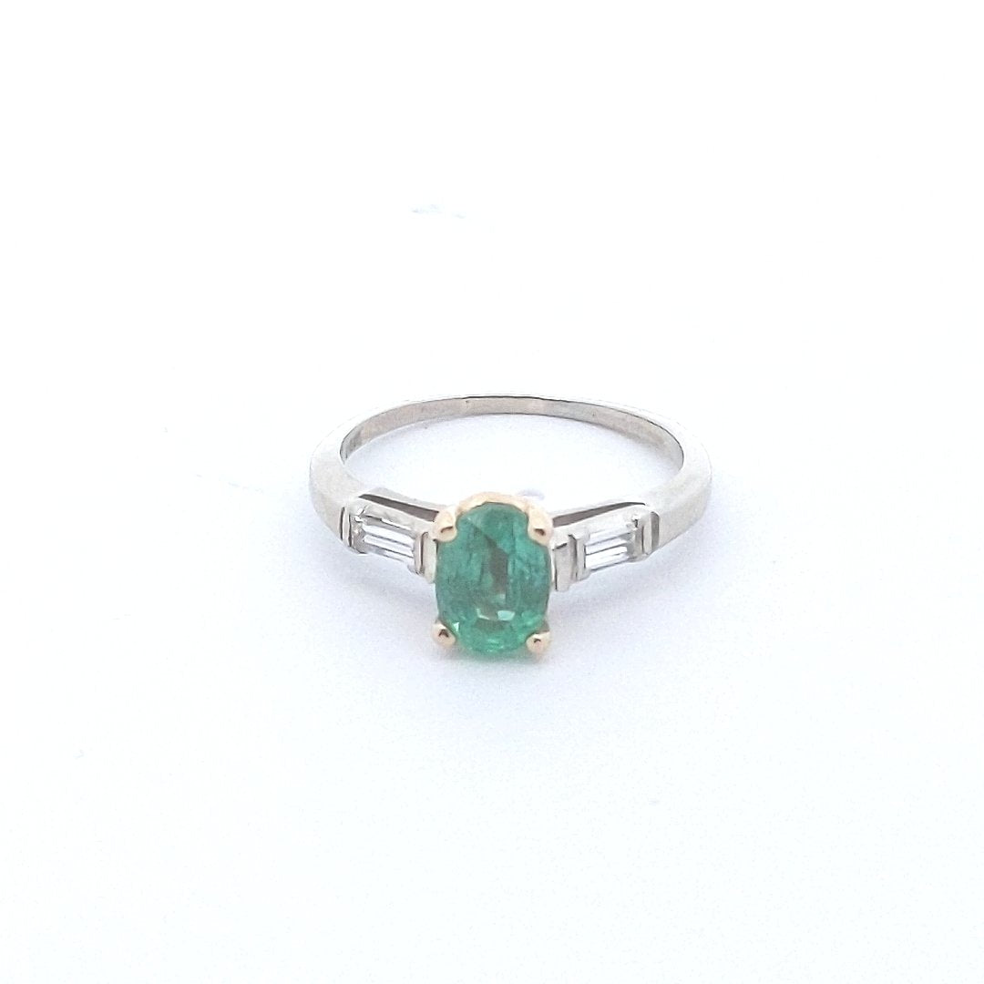 Estate $700 14K Two Tone Gold Emerald Diamond Engagement Ring