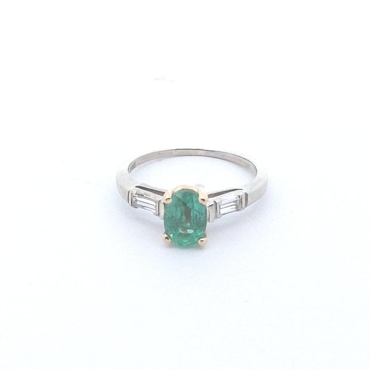 Estate $700 14K Two Tone Gold Emerald Diamond Engagement Ring