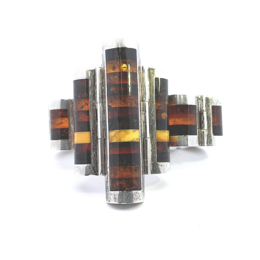 Vintage $600 Sterling Silver Art Deco Design 1/2 Round Multi Type Amber Bracelet