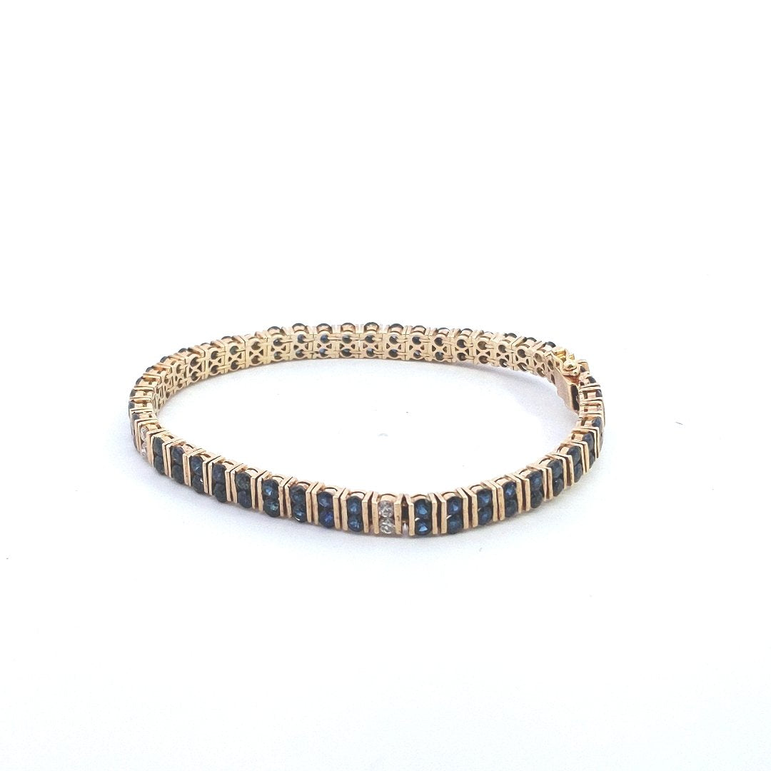 Estate 14K Yellow Gold Sapphire Diamond Double Row Chanel Set Link Bracelet