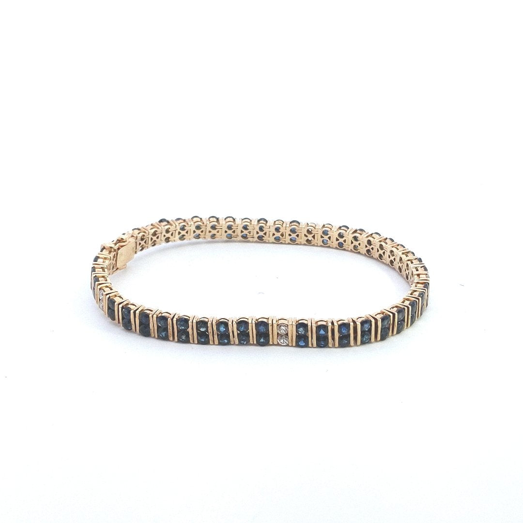 Estate 14K Yellow Gold Sapphire Diamond Double Row Chanel Set Link Bracelet