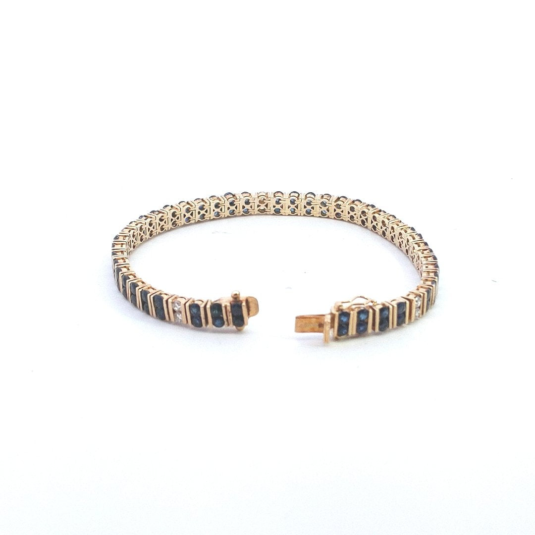 Estate 14K Yellow Gold Sapphire Diamond Double Row Chanel Set Link Bracelet