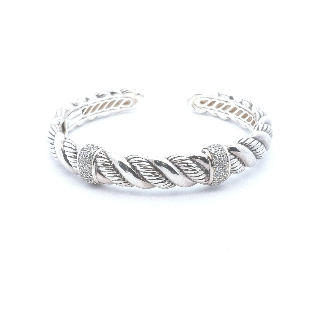 Designer $200 Sterling Silver Jai by John Hardy CZ Hinged Cuff Bracelet
