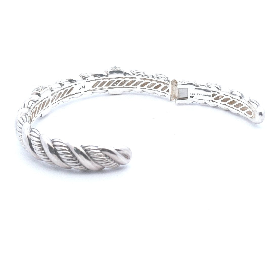 Designer $200 Sterling Silver Jai by John Hardy CZ Hinged Cuff Bracelet