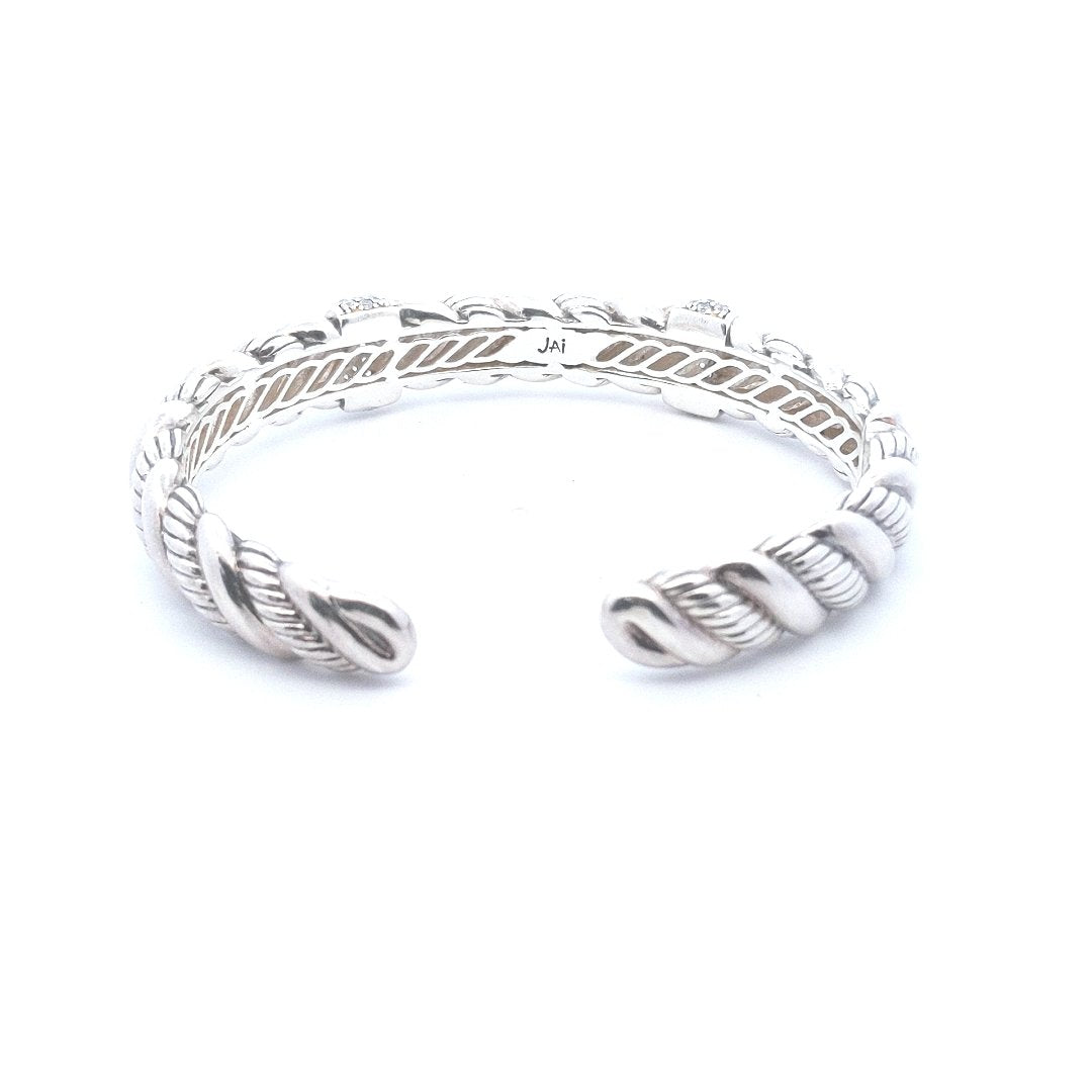 Designer $200 Sterling Silver Jai by John Hardy CZ Hinged Cuff Bracelet