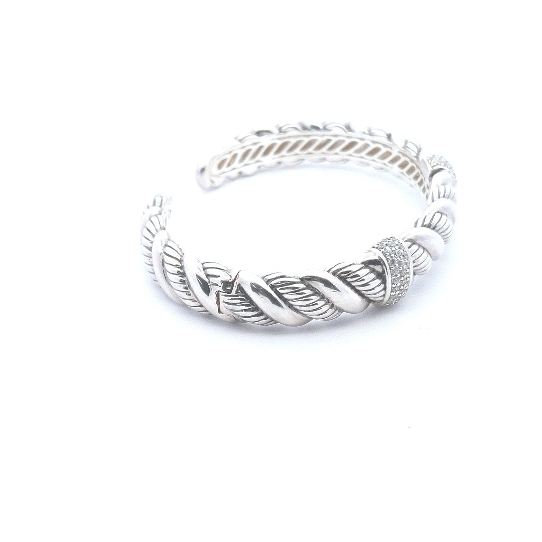 Designer $200 Sterling Silver Jai by John Hardy CZ Hinged Cuff Bracelet