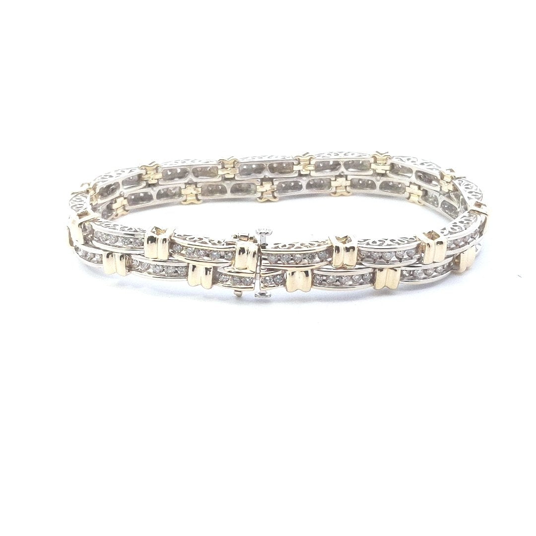 Estate $5000 14K Two Tone Gold Double Row Chanel Set Diamond Bracelet