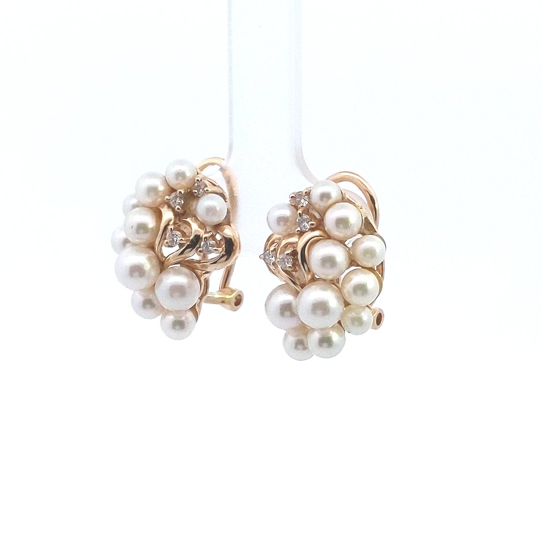 Estate $700 14K Yellow Gold Cultured Pearl Diamond Bubble Design Earrings