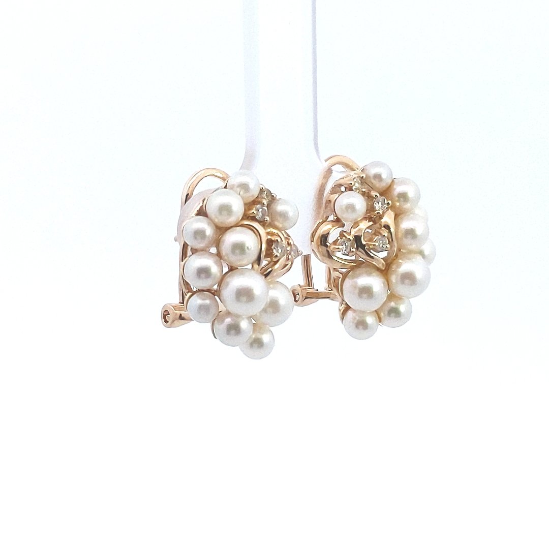 Estate $700 14K Yellow Gold Cultured Pearl Diamond Bubble Design Earrings