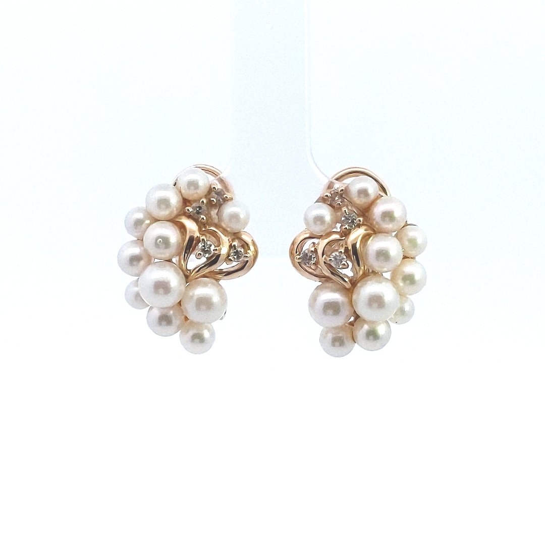 Estate $700 14K Yellow Gold Cultured Pearl Diamond Bubble Design Earrings