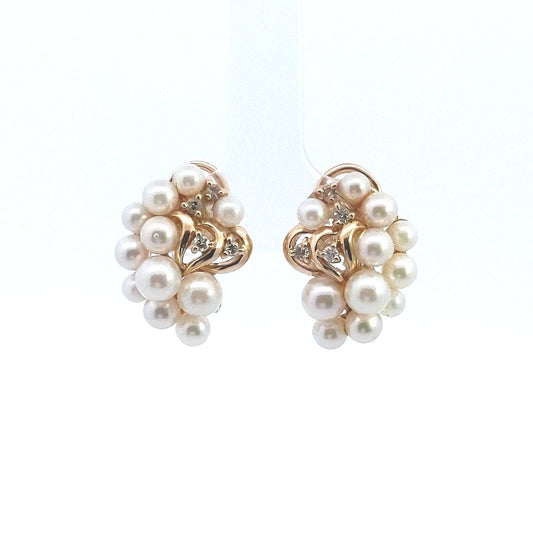 Estate $700 14K Yellow Gold Cultured Pearl Diamond Bubble Design Earrings