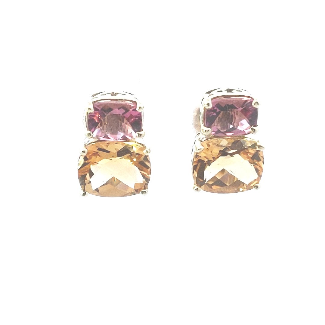 Estate $750 14K Yellow Gold Citrine Pink Tourmaline Earrings