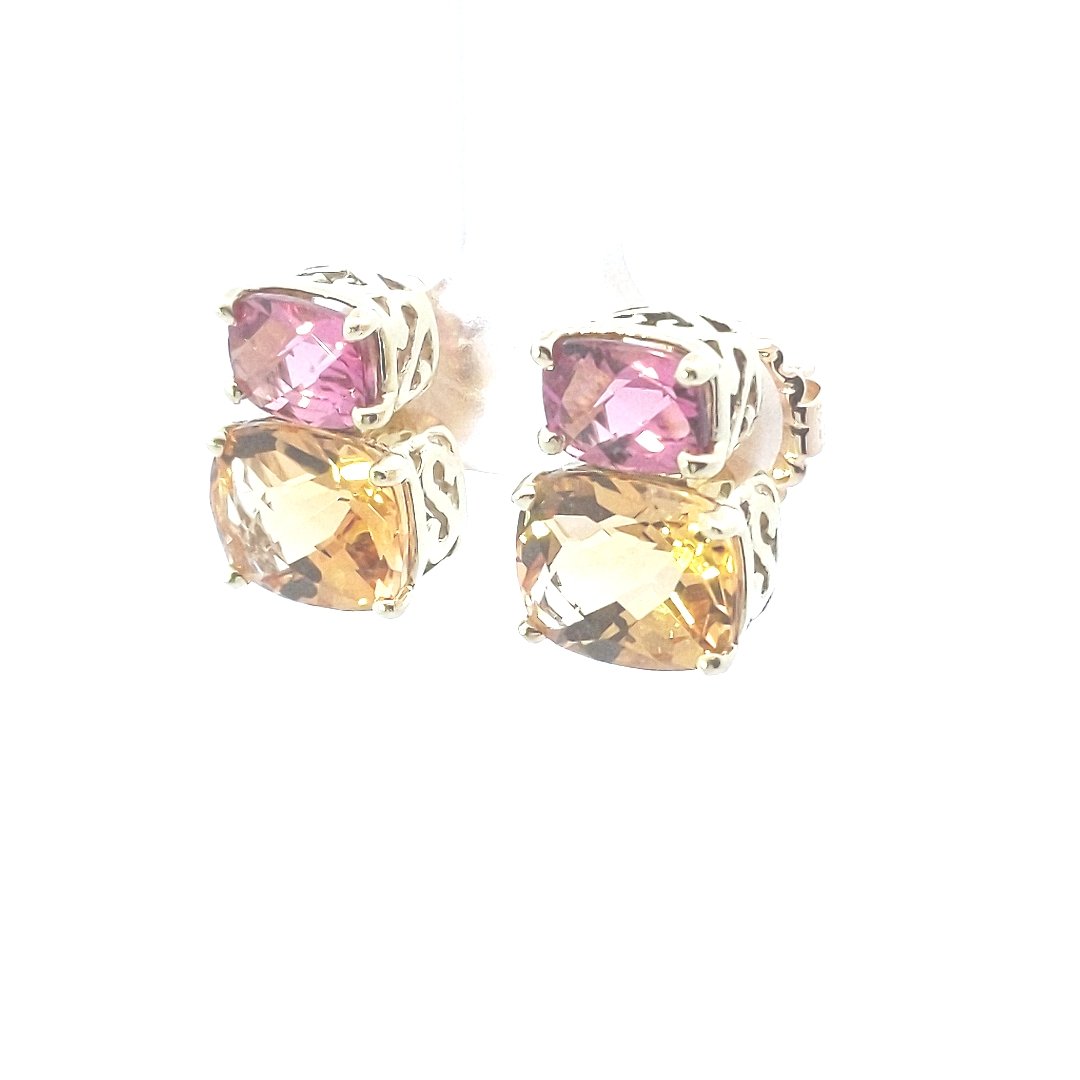 Estate $750 14K Yellow Gold Citrine Pink Tourmaline Earrings