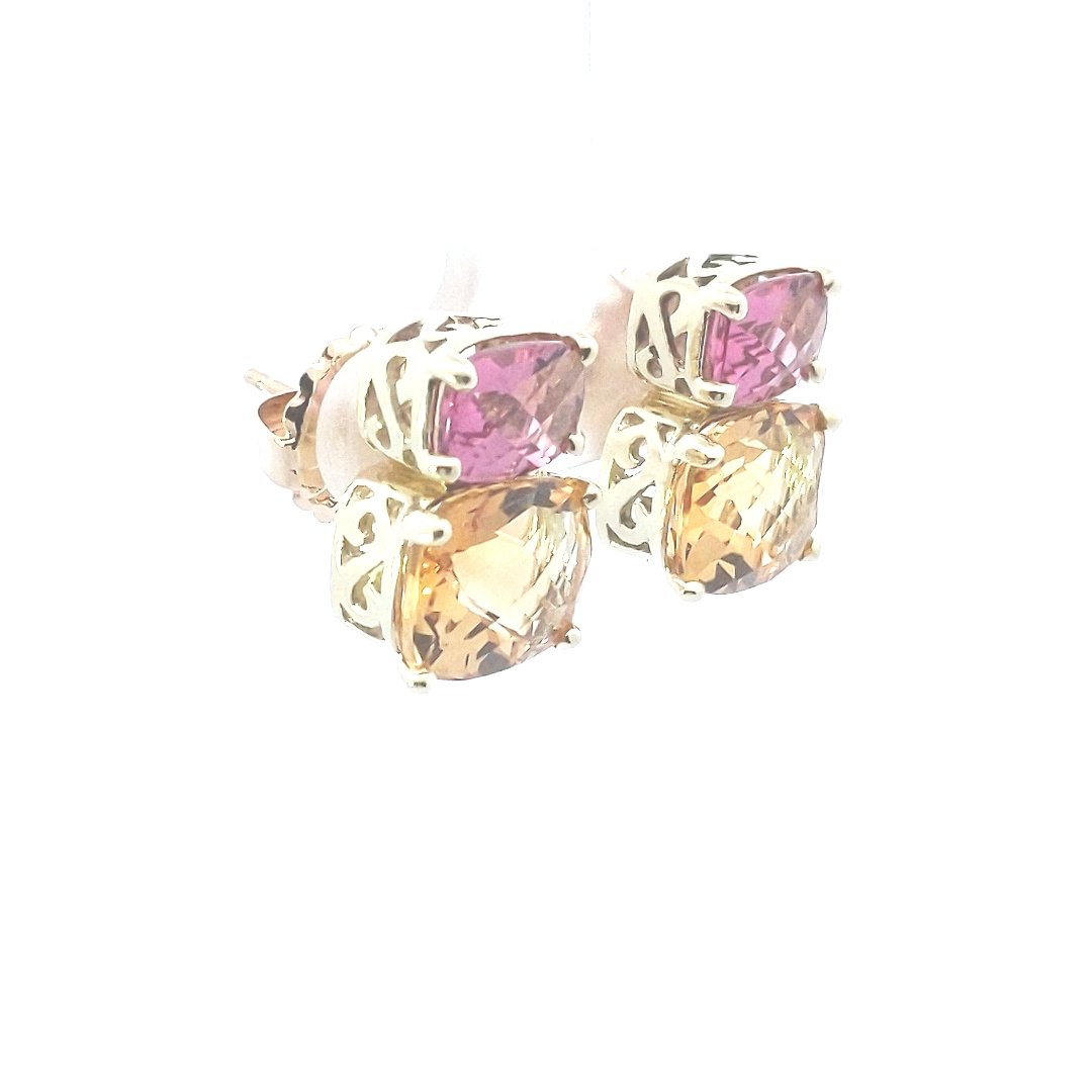 Estate $750 14K Yellow Gold Citrine Pink Tourmaline Earrings