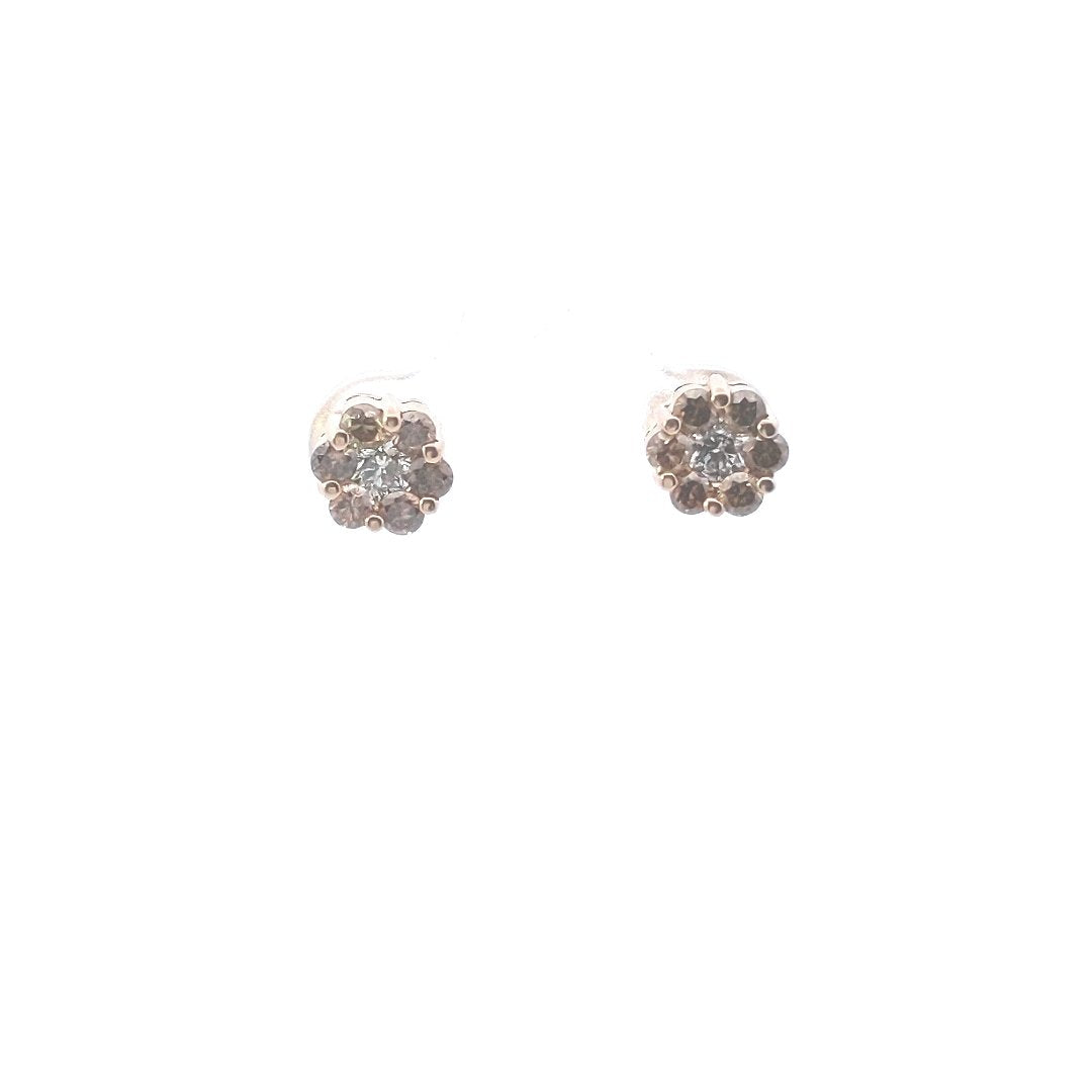 Estate $300 14K Yellow Gold Brown & White Diamond Stud Earrings
