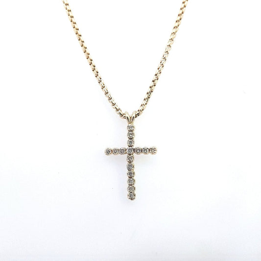 Estate $1360 14K Yellow Gold Round Box Chain Diamond Cross Necklace