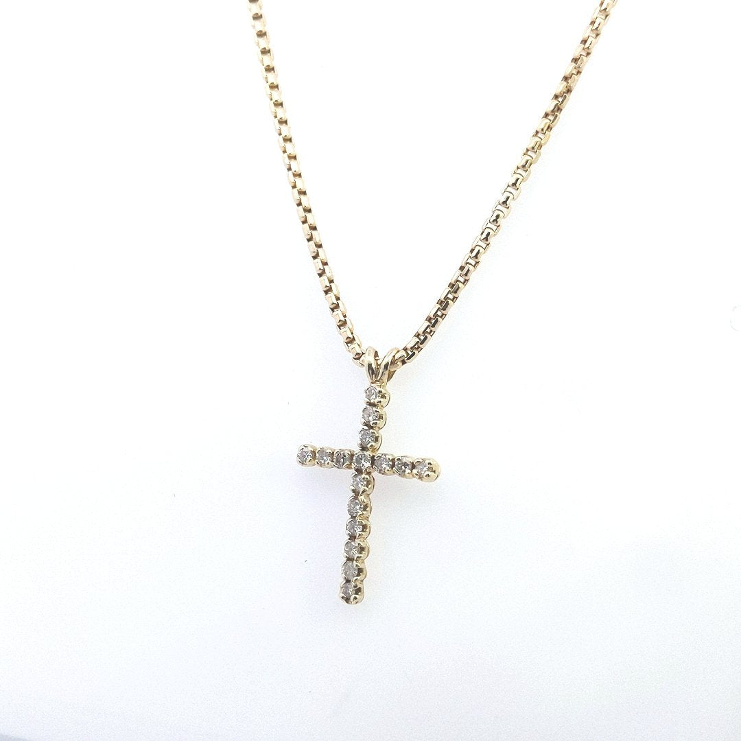 Estate $1360 14K Yellow Gold Round Box Chain Diamond Cross Necklace