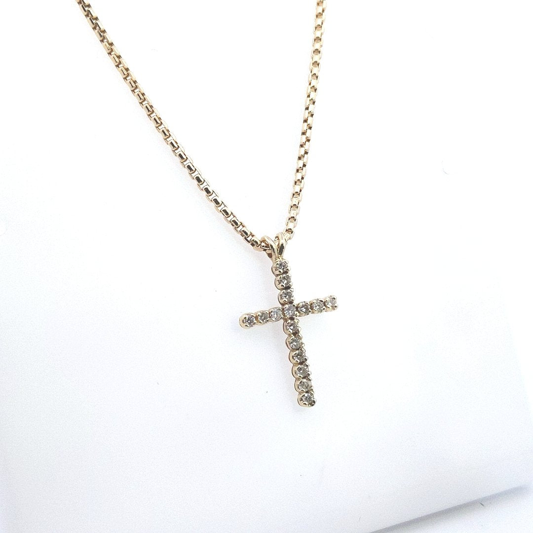 Estate $1360 14K Yellow Gold Round Box Chain Diamond Cross Necklace