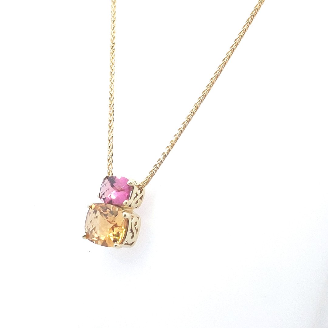Estate $1100 14K Yellow Gold Citrine Pink Tourmaline Necklace