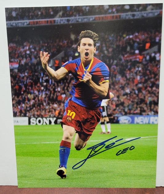 Lionel Messi Signed Photo in Blue and Red 10 Jersey