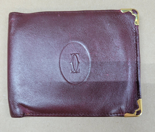 Estate $200 Cartier Leather Burgundy Bi-Fold Gold Plated Wallet