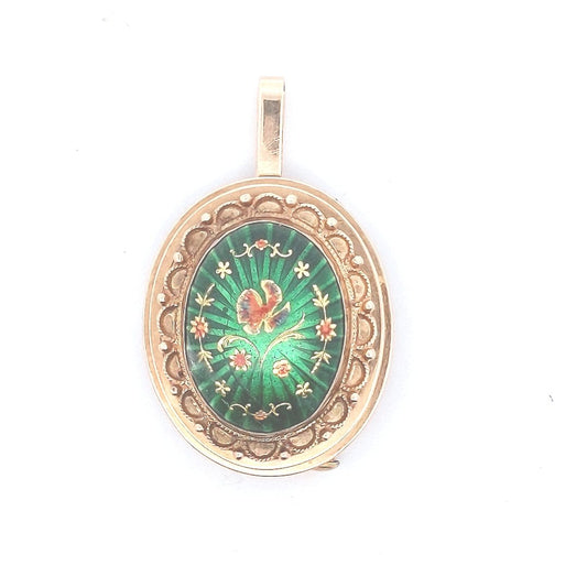 Vintage $1300 14K Yellow Gold Green Enamel Red Flower Design Brooch