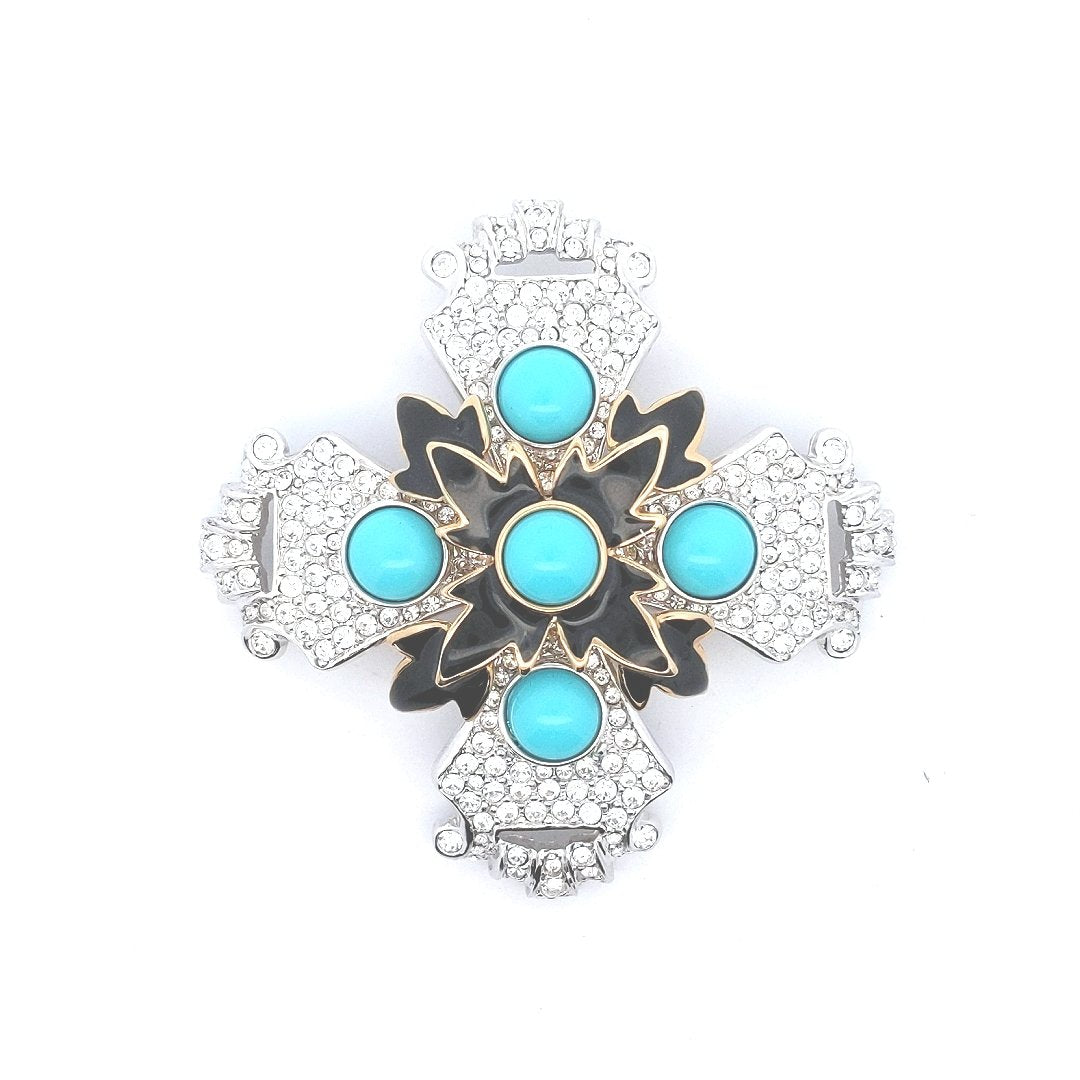 Designer $200 Kenneth Jay Lane Turquoise Enamel Rhinestone Cross Pin