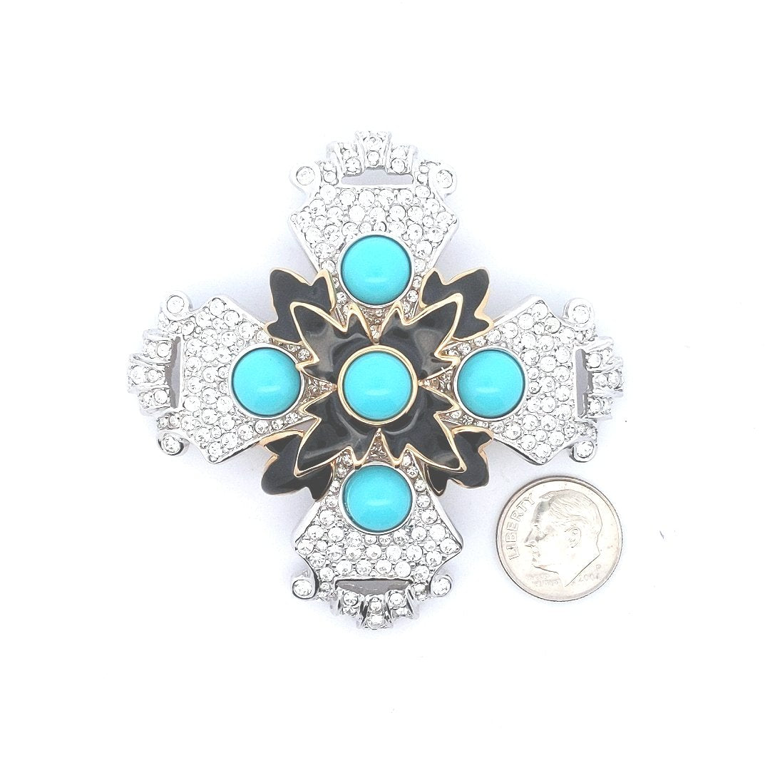 Designer $200 Kenneth Jay Lane Turquoise Enamel Rhinestone Cross Pin