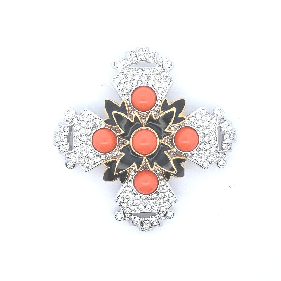 Designer $200 Kenneth Jay Lane Coral Glass Enamel Rhinestone Cross Pin