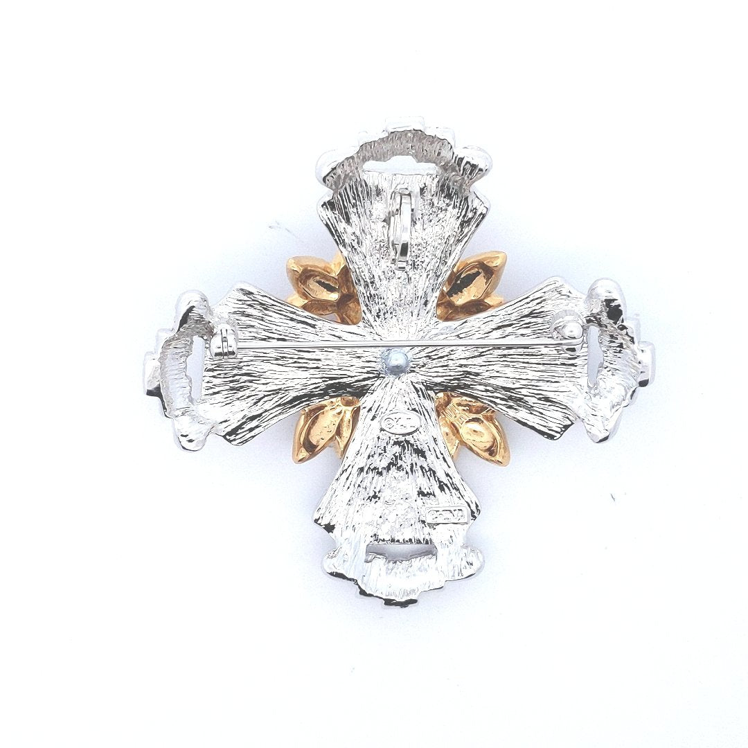 Designer $200 Kenneth Jay Lane Coral Glass Enamel Rhinestone Cross Pin