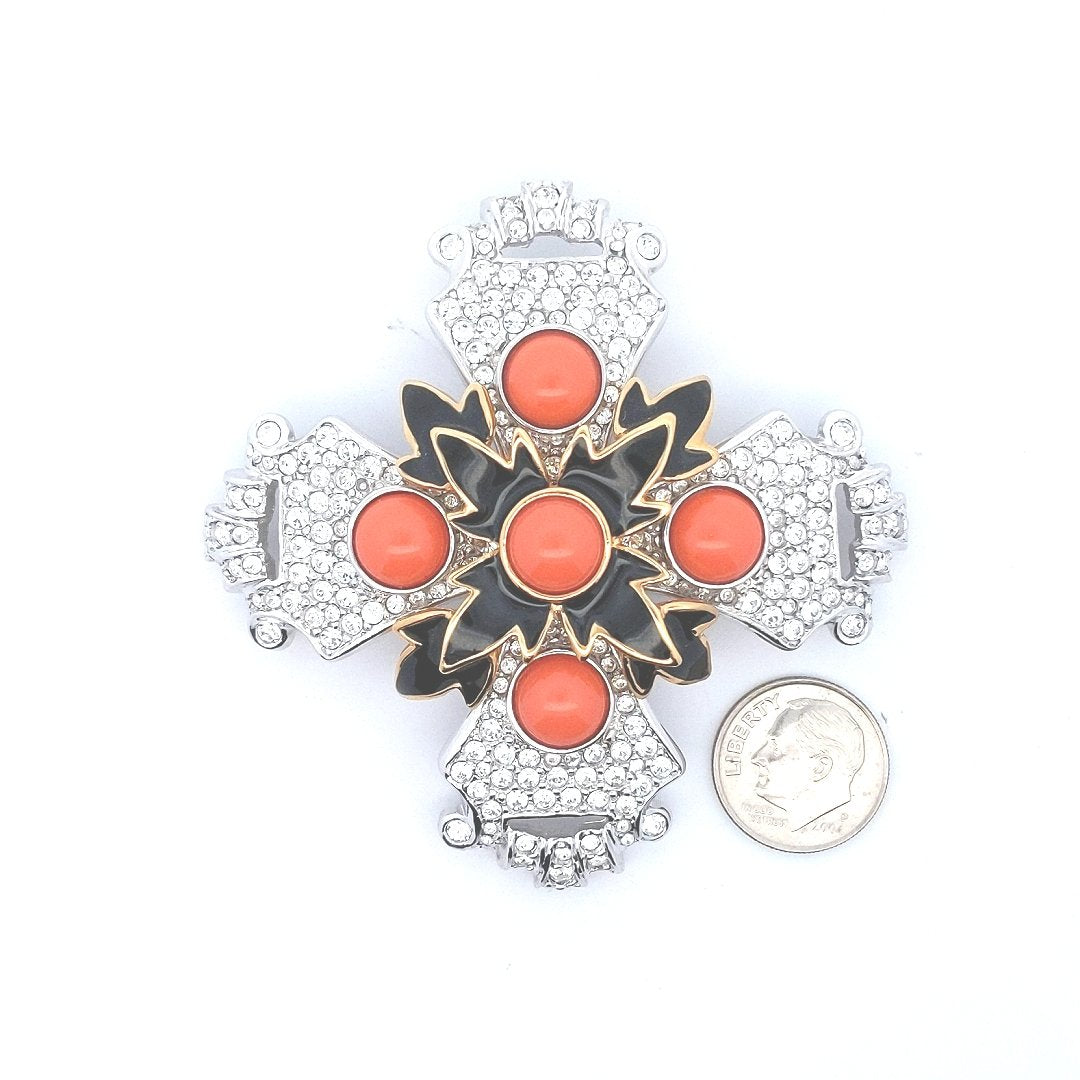 Designer $200 Kenneth Jay Lane Coral Glass Enamel Rhinestone Cross Pin