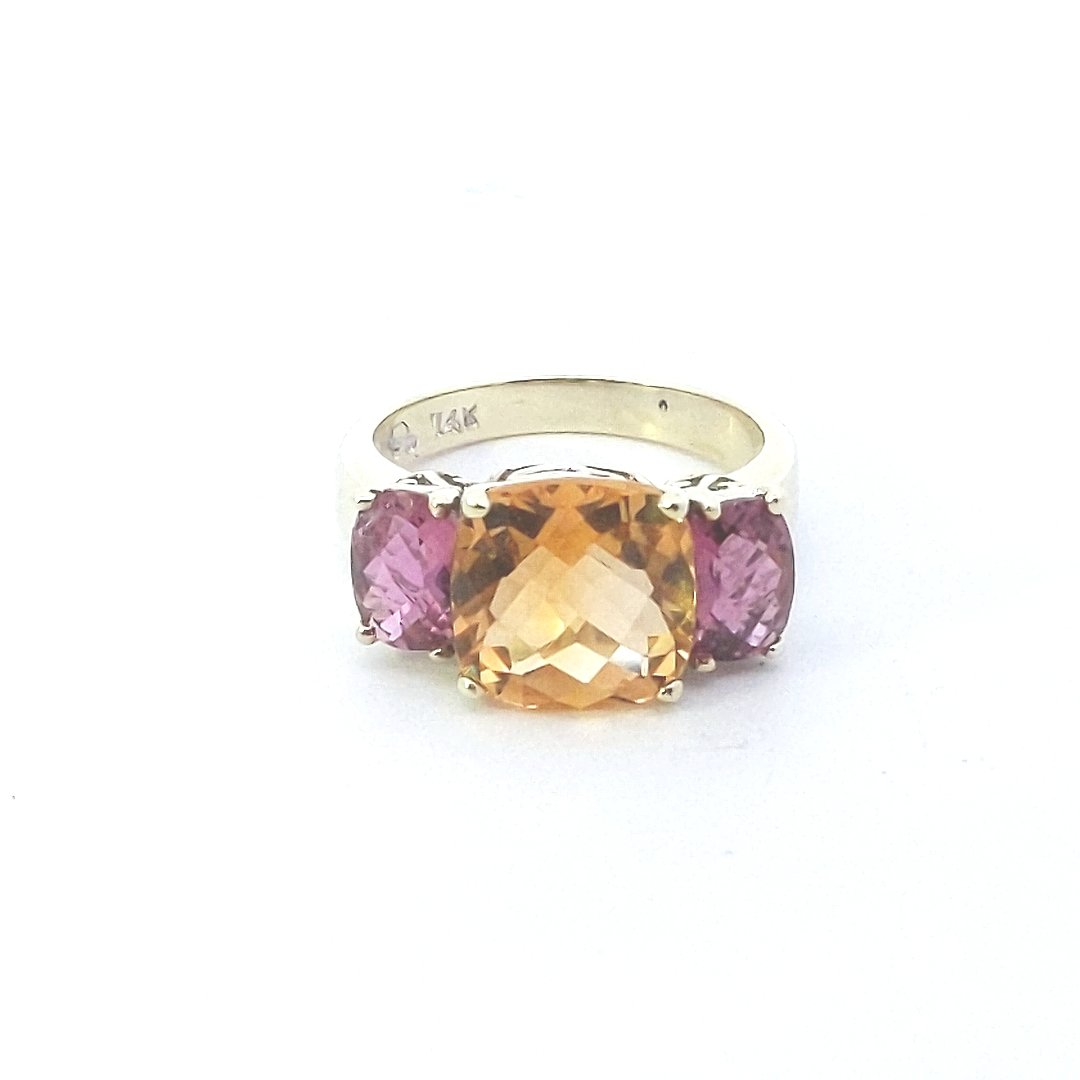 Estate $700 14K Yellow Gold Citrine & Pink Tourmaline Ring
