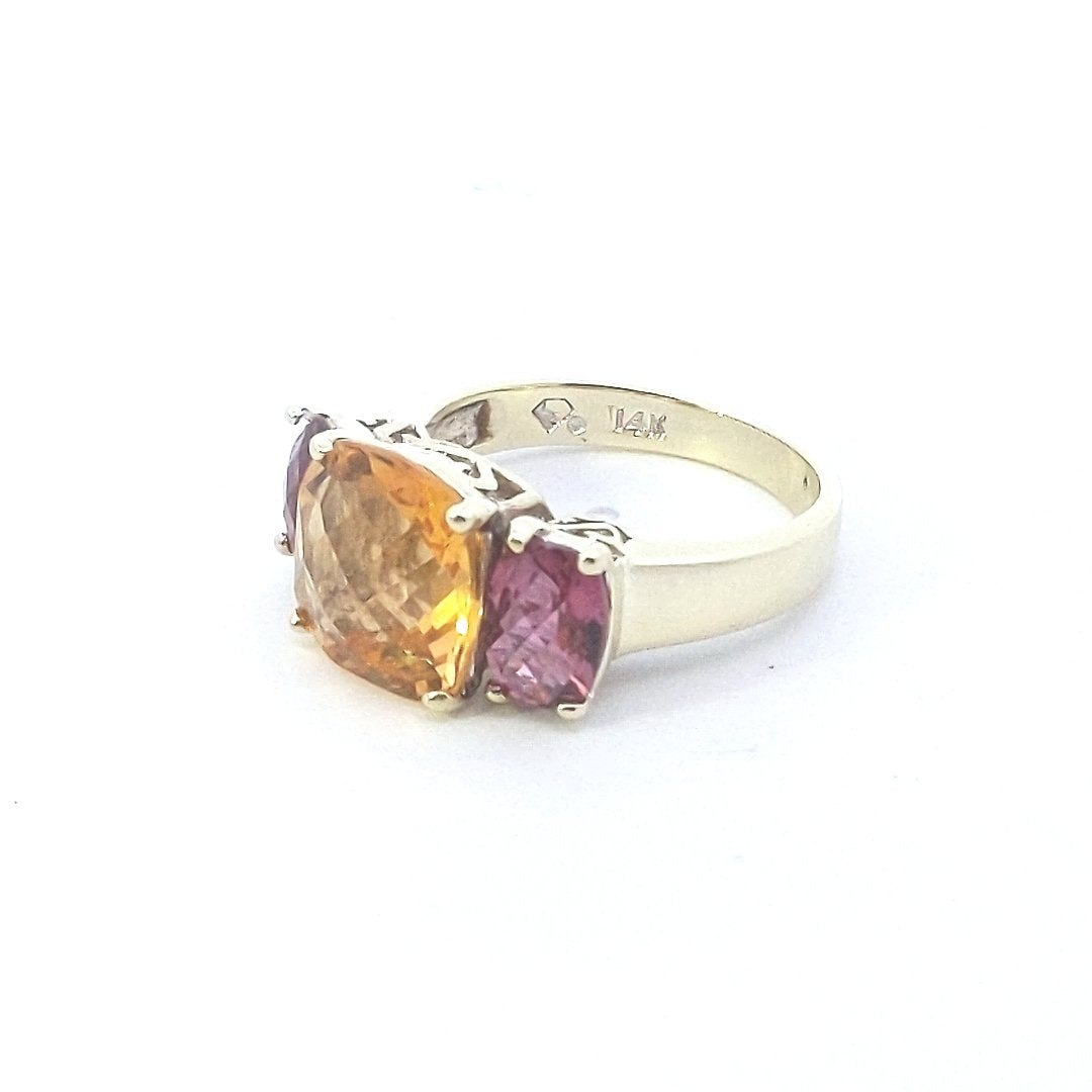 Estate $700 14K Yellow Gold Citrine & Pink Tourmaline Ring