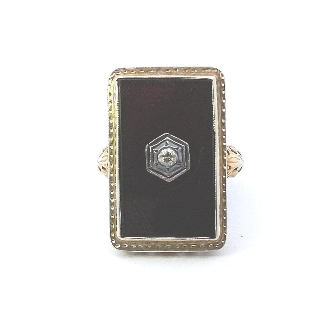 Antique $700 14K Yellow Gold Edwardian Onyx Diamond Filigree Ring