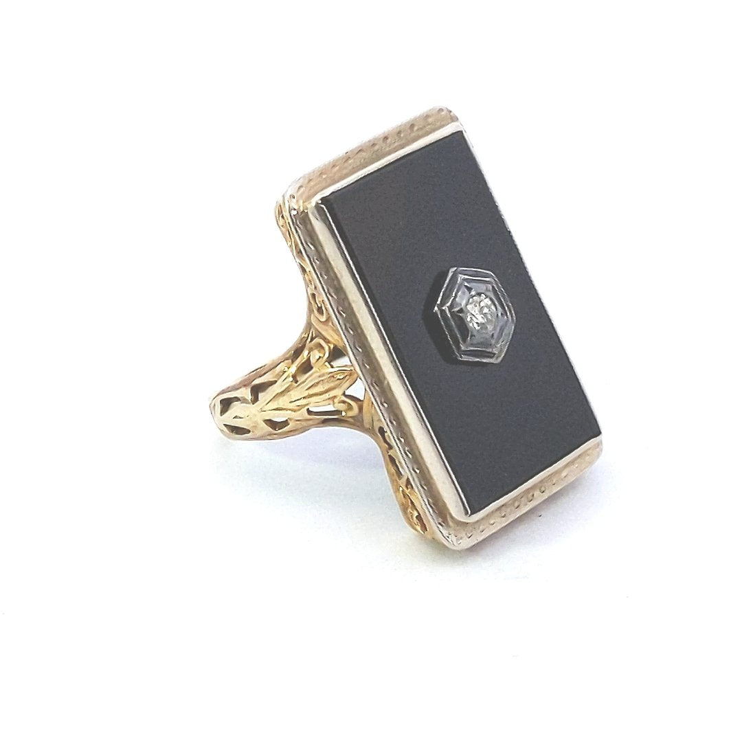 Antique $700 14K Yellow Gold Edwardian Onyx Diamond Filigree Ring