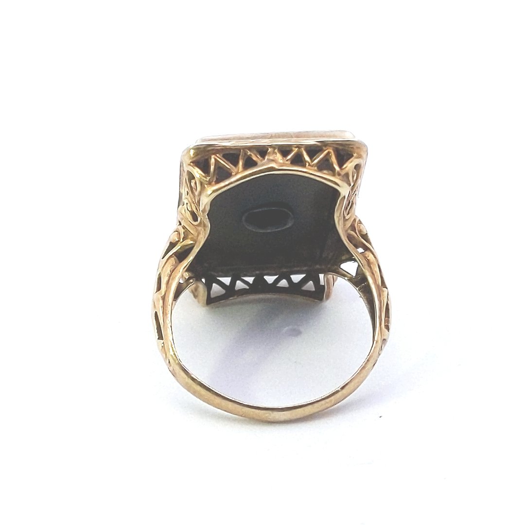 Antique $700 14K Yellow Gold Edwardian Onyx Diamond Filigree Ring