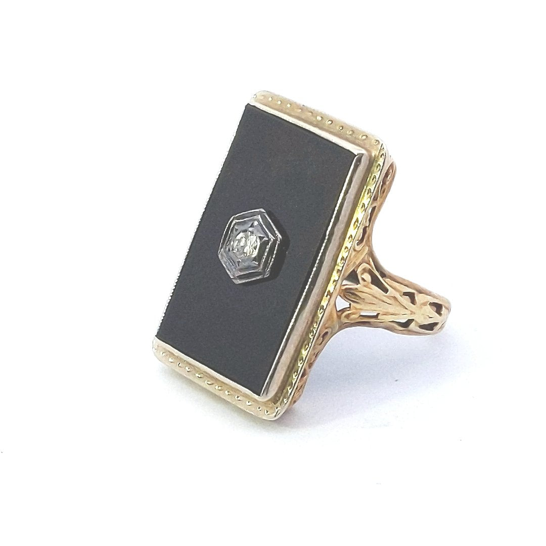 Antique $700 14K Yellow Gold Edwardian Onyx Diamond Filigree Ring