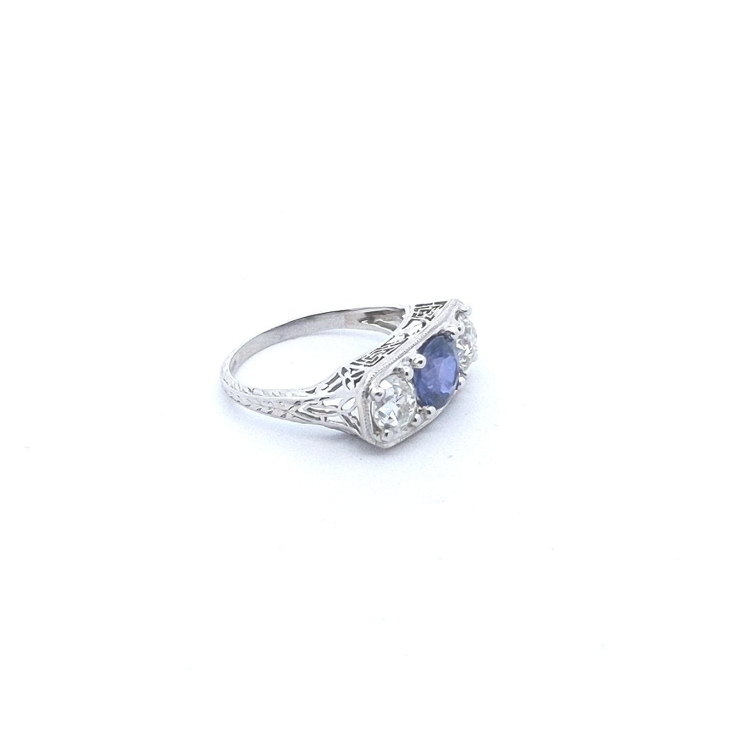 Antique $8000 Platinum Edwardian AGLCertified Sapphire & Diamond Filigree Ring