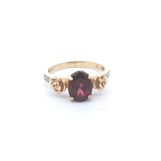 Estate $400 14K Yellow Gold Garnet Diamond Rose Flower Design Ring