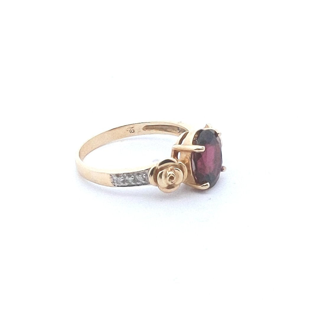 Estate $400 14K Yellow Gold Garnet Diamond Rose Flower Design Ring
