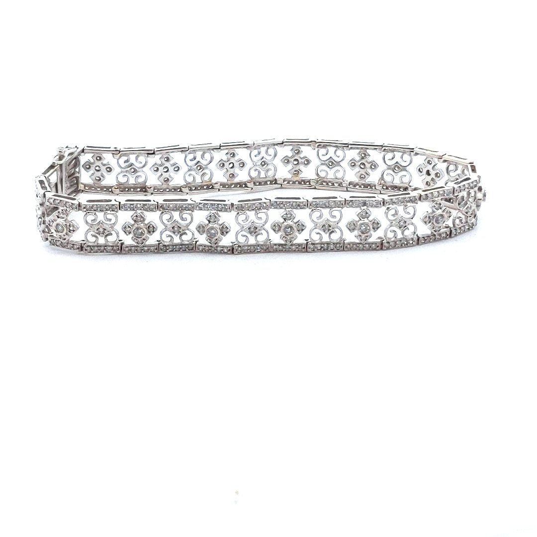 Estate $2200 18K White Gold Diamond Milgrain Wirework Design Bracelet