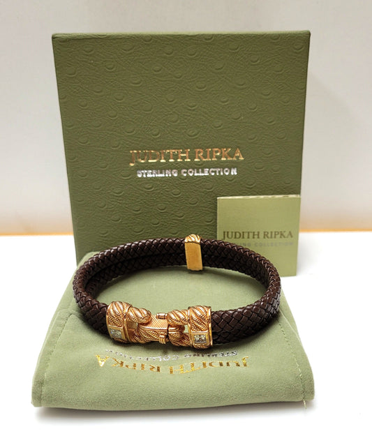 Designer $120 Sterling Rose Gold Vermeil Judith Ripka Brown Leather CZ Bracelet