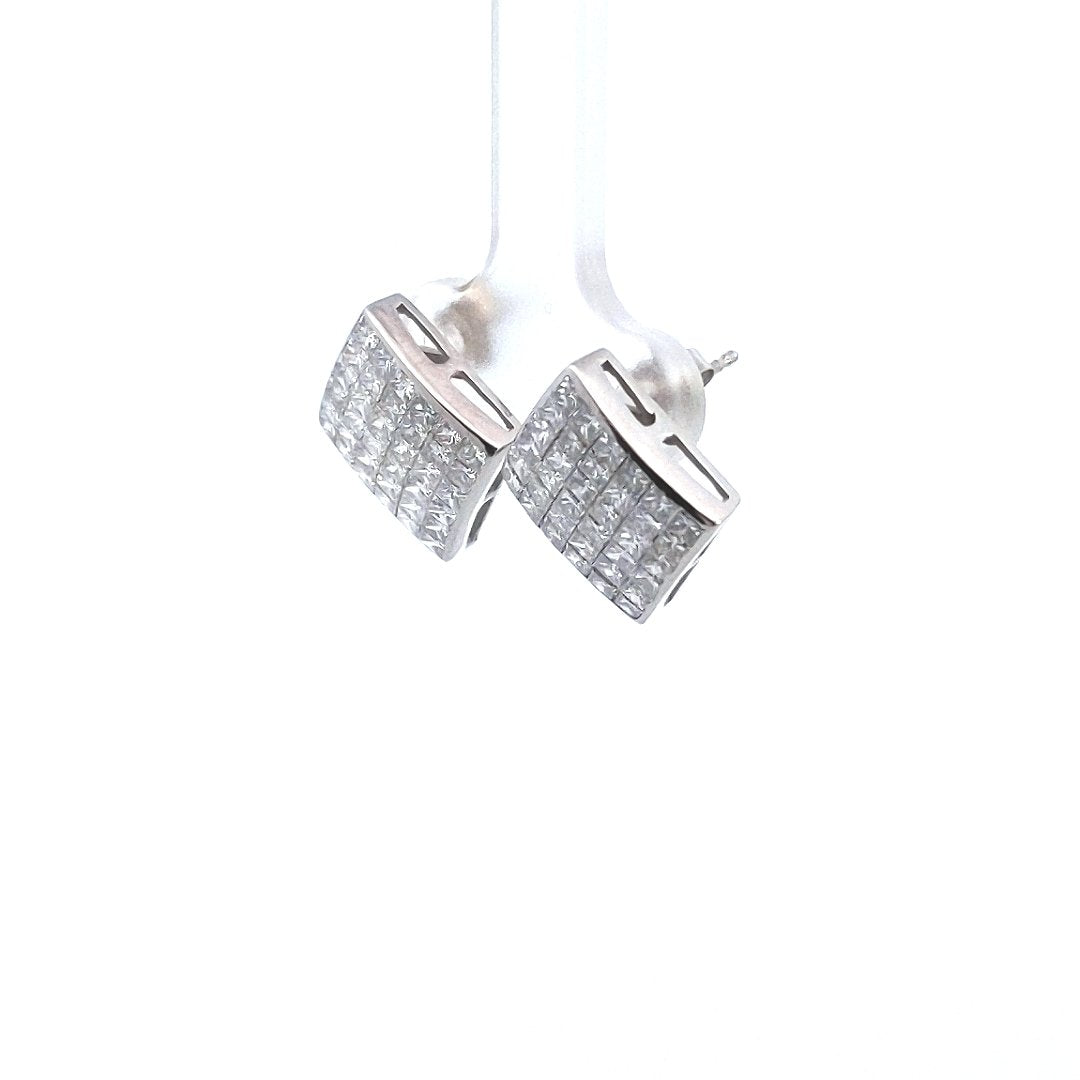 Estate $1450 14K White Gold Invisible Set Princess Diamond Square Stud Earrings