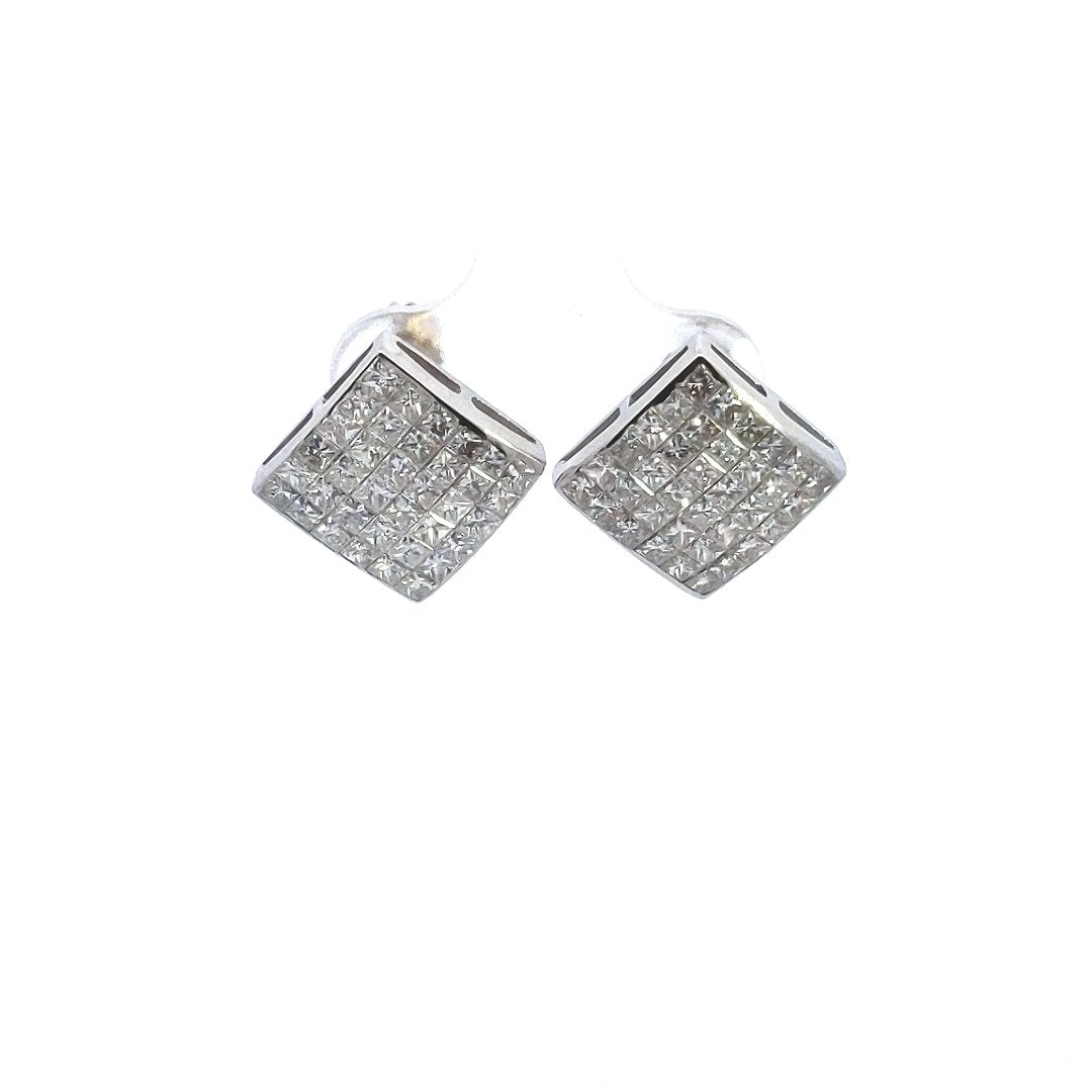 Estate $1450 14K White Gold Invisible Set Princess Diamond Square Stud Earrings