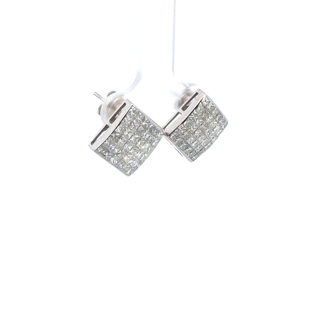 Estate $1450 14K White Gold Invisible Set Princess Diamond Square Stud Earrings