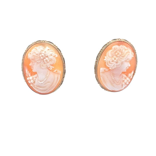 Vintage $500 14K Yellow Gold Carved Shell Cameo Earrings