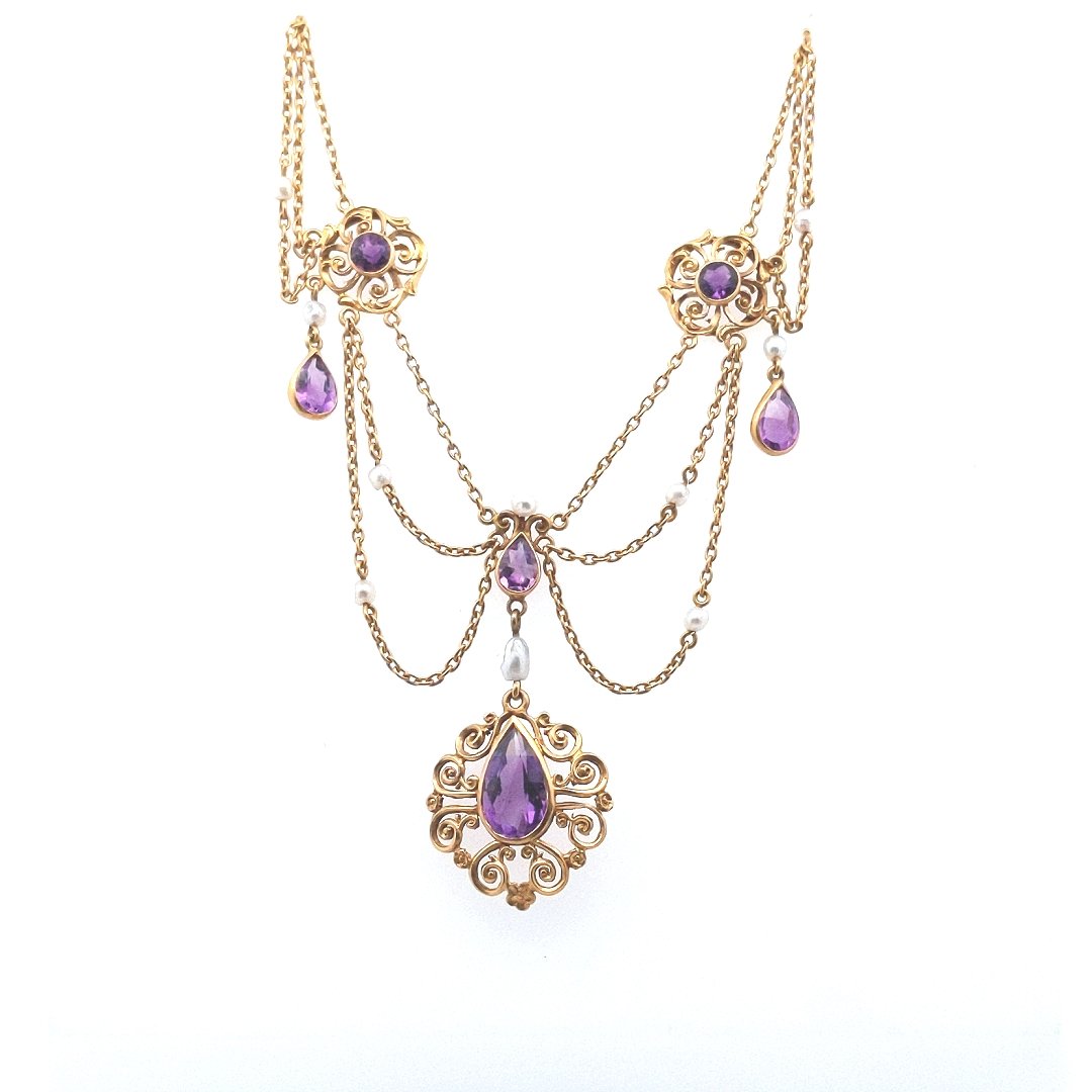 Antique $2400 Art Nouveau Amethyst Natural Pearl Festoon Necklace