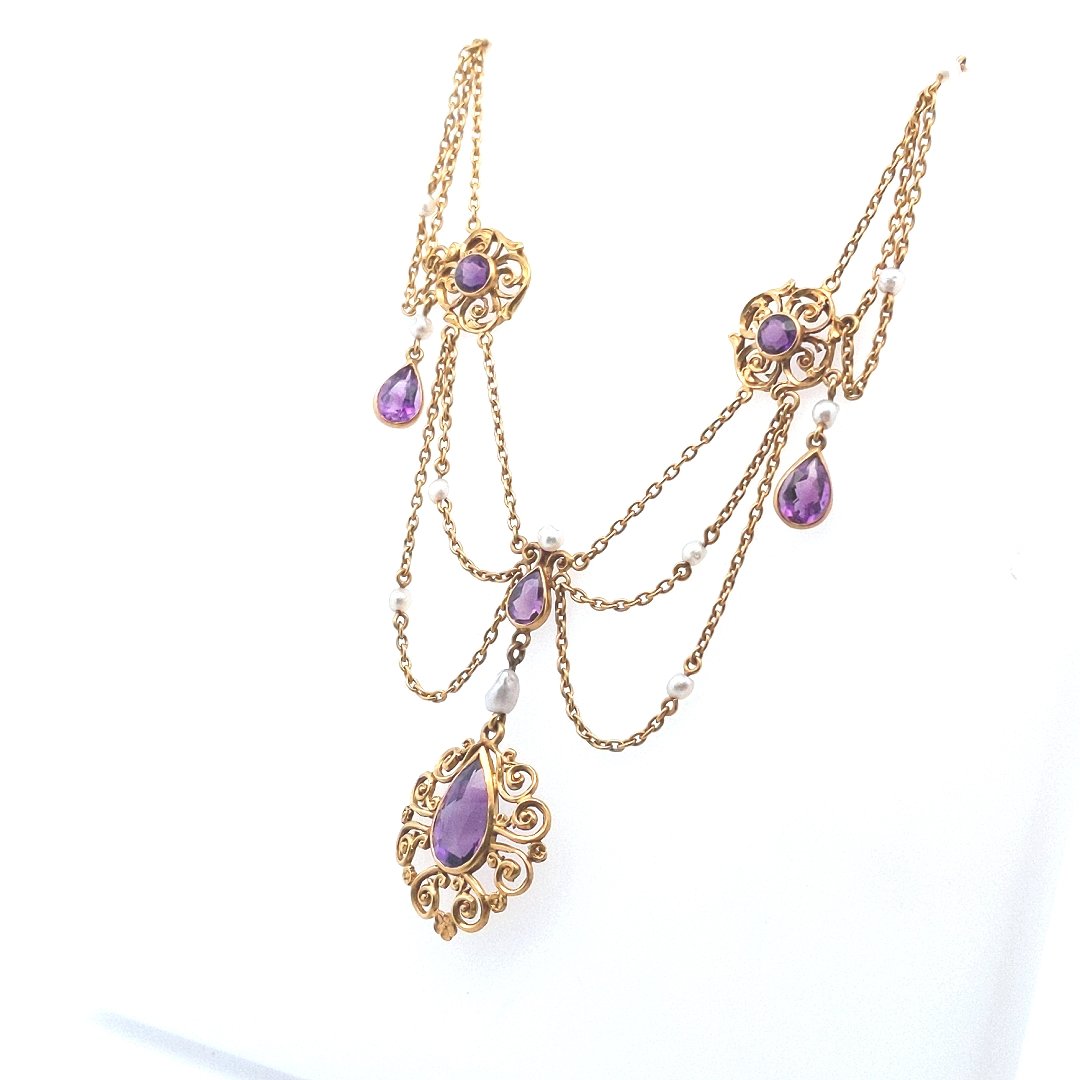 Antique $2400 Art Nouveau Amethyst Natural Pearl Festoon Necklace