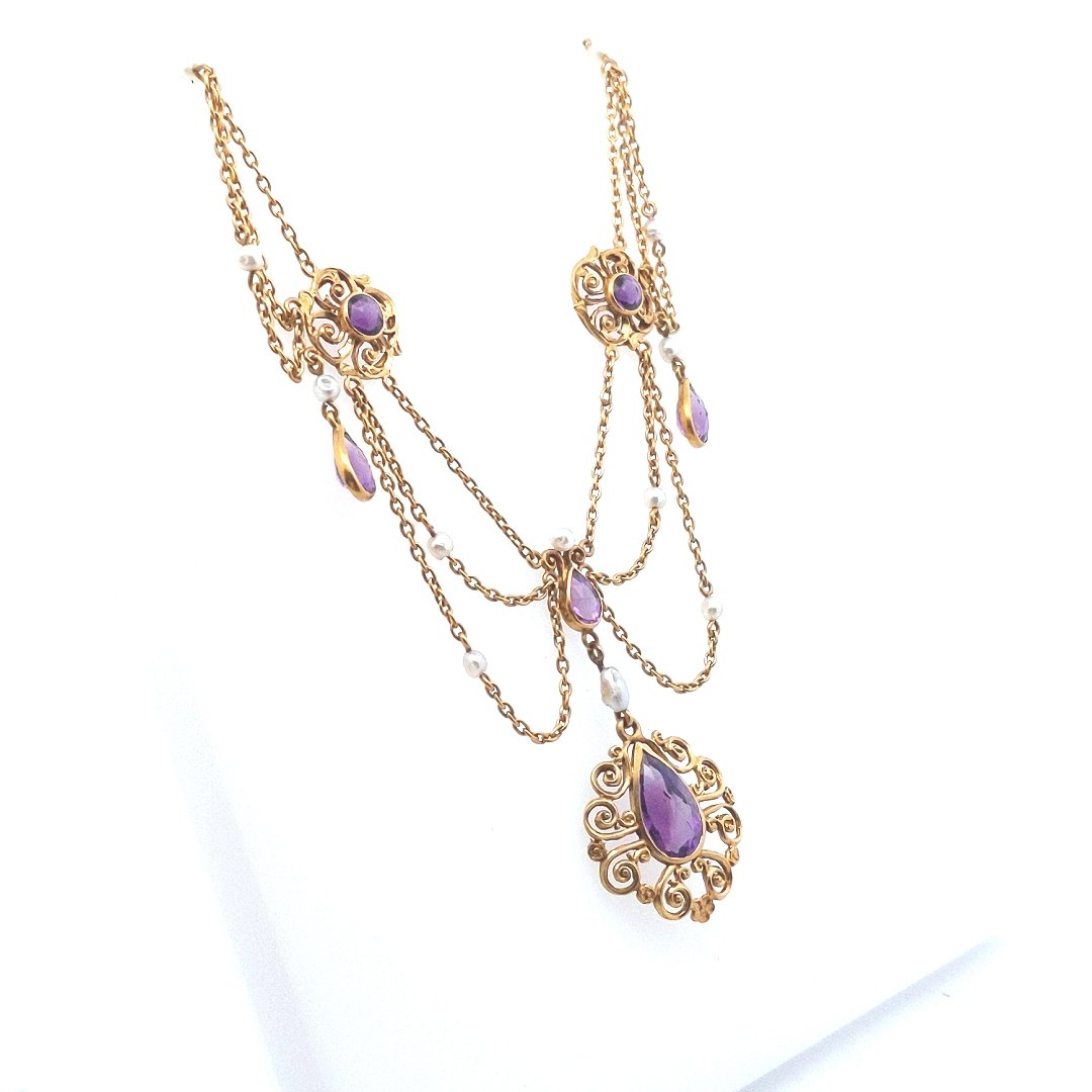 Antique $2400 Art Nouveau Amethyst Natural Pearl Festoon Necklace