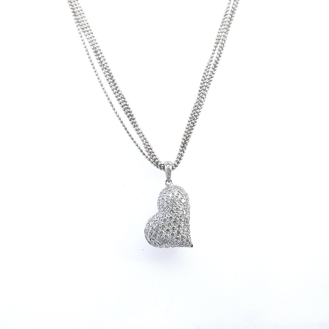Estate $3000 18K White Gold Pave Set Diamond Puff Heart 5 Strand Necklace